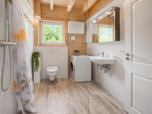 a bathroom with a toilet sink and a washing machine at Schwedenhaus Eichenberg in Eichenberg