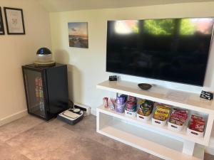 a large flat screen tv sitting on a white entertainment center at Nordwind in Langenhorn