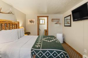 a bedroom with a bed and a flat screen tv at The Evergreen in West Yellowstone