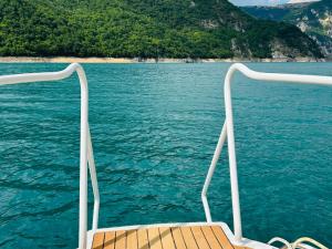 a boat in the water with a wooden deck at Apartment LAKEVIEW in Plužine