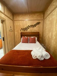 a bedroom with a large bed with red pillows at Tiny Home in Lawrenceville in Lawrenceville