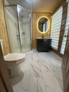 a bathroom with a toilet and a shower and a sink at Tiny Home in Lawrenceville in Lawrenceville +26 photos
