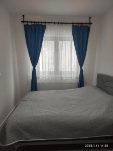 a bedroom with a bed with blue curtains at Virgin Forest D&A in Gornja Presjenica