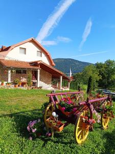 a pink carriage filled with flowers in front of a house at Vila Vali in Şuncuiuş