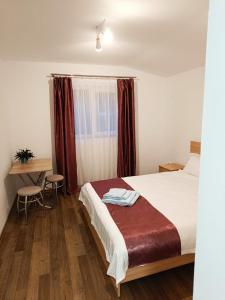 a bedroom with a bed and a desk and a window at Vila Vali in Şuncuiuş +25 photos