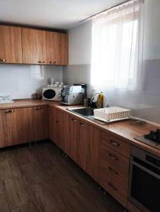 a kitchen with wooden cabinets and a sink and a window at Vila Vali in Şuncuiuş