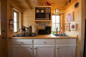 a kitchen in a log cabin with a sink and a microwave at Casa Rosa Unit C on Lake Conroe in Willis +5 photos