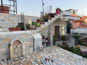 a cat standing in front of a stone building with a staircase at Elmir apartament's in Ksamil