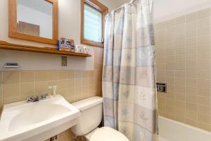 a bathroom with a sink and a toilet and a shower curtain at King Birch Lake Home, Unit 3 in Alton +11 photos