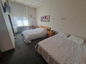 a hotel room with two beds and a window at Hôtel De France in Thann