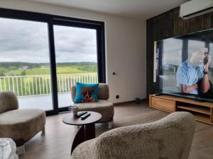 a living room with a flat screen tv and chairs at Les Terrasses de Laloux in Rochefort