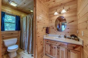 a log cabin bathroom with a toilet and a sink at Treetops Hot Tub Fire Pit Pool Table in Copperhill +23 photos