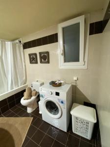 a bathroom with a washing machine and a toilet at Roxys sea view Santorini Monolithos in Santorini +45 photos