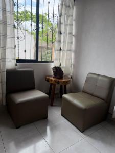 a cat sitting on a table next to a chair and a window at Casa ciruelo in Las Varas