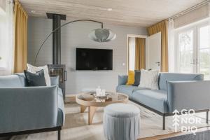 a living room with blue couches and a tv at The Red Deer Lodge in Tällberg