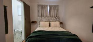 a small bedroom with a bed and a toilet at Hope's Harvest Nook in Montagu
