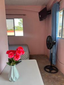 a vase with red flowers on a table in a room at Hotel Atlántida in La Ceiba