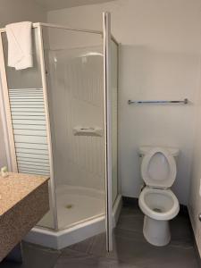 a bathroom with a shower and a toilet at Travel Inn in Greensboro