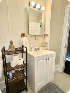 a bathroom with a sink and a mirror at Charming Cozy Getaway in Oneonta +11 photos