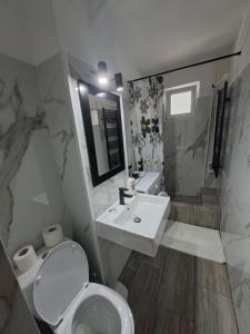 a white bathroom with a sink and a toilet at Codruta Home in Râmnicu Vâlcea