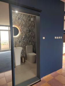a bathroom with a toilet and a blue wall at The VIEW in Belgrade +3 photos