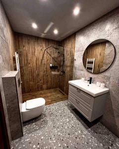 a bathroom with a toilet and a sink and a mirror at Mount House Mavrovo in Mavrovo +60 photos