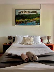 a bedroom with a large bed with towels on it at The Mountainstream Lodge in Lethem