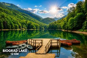 a dock with two boats on a river with trees at Tara Holiday Home in Mojkovac