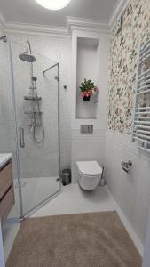 a white bathroom with a shower and a toilet at White Villa in Darlowko +13 photos