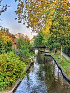 a river in a park with trees and a bridge at Weerribben Wieden gastenverblijf in Wanneperveen