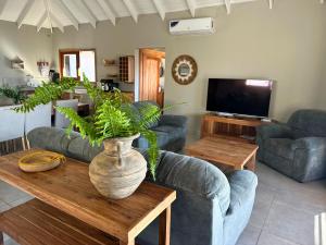 a living room with a vase on a wooden table at Makana 3A in Ponta Mamoli