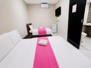 a room with two beds and a pink blanket at Pousada Aurora Nascer do sol 1 in Manhã +7 photos
