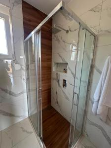 a shower with a glass door in a bathroom at Villa Preka in Durrës +15 photos