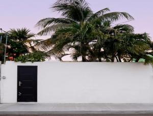 a white wall with a black door and palm trees at Residencia COCO 28 con Piscina Downtown Cancun in Cancún
