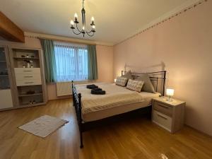 a bedroom with a bed and a chandelier at Max and Moritz Top 9 in Liebenau +6 photos