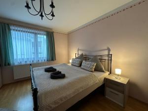 a bedroom with a large bed with a chandelier at Max and Moritz Top 9 in Liebenau