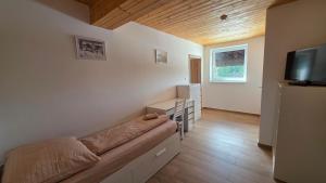 a living room with a couch and a flat screen tv at Horská chata Severka in Dolní Lomná