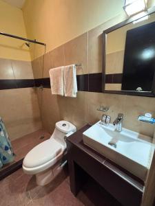 a bathroom with a toilet and a sink and a mirror at Hotelito Fiesta Caribena in Coatzacoalcos