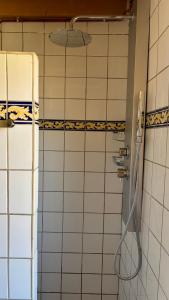 a shower in a bathroom with a white tiled wall at À la Pays Anes in Tannerre-en-Puisaye