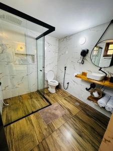 a bathroom with a toilet and a mirror at Chalé Recanto Figueira in Camanducaia +2 photos