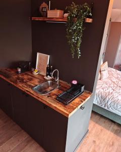 a kitchen counter with a sink and a keyboard at Domein de Koekoeksvlooghe in Lo-Reninge