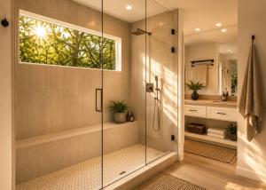 a shower with a glass door in a bathroom at Fall Hideaway - VailsBluff - Romantic Escape in Broken Bow +30 photos