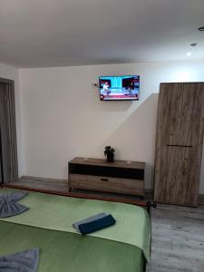 a room with a bed and a tv on the wall at Casa Cristyana in Orşova