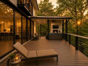 a screened porch with a couch and a chair on a deck at Fall Hideaway - VailsBluff - Romantic Escape in Broken Bow