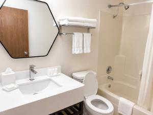 a bathroom with a sink and a toilet and a mirror at Dickinson Inn in Dickinson
