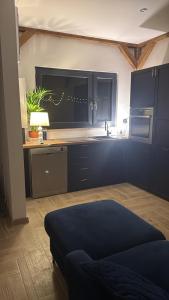 a kitchen with blue cabinets and a table with a lamp at Chill and Grill Apartment in Wola Smolana