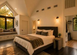a bedroom with a large bed and a window at Fall Hideaway - VailsBluff - Romantic Escape in Broken Bow
