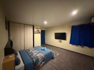 a bedroom with a bed and a flat screen tv at La Villa La ri Deye in Kourou