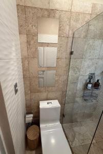 a bathroom with a toilet and a glass shower at Casa MarEscondido in Puerto Escondido +13 photos