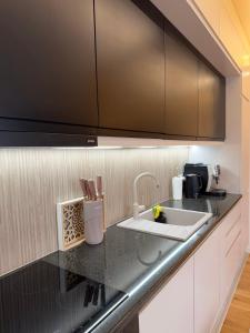 a kitchen with a sink and black counter top at Emma Luksuzni apartman Tuzla Musique in Tuzla +13 photos